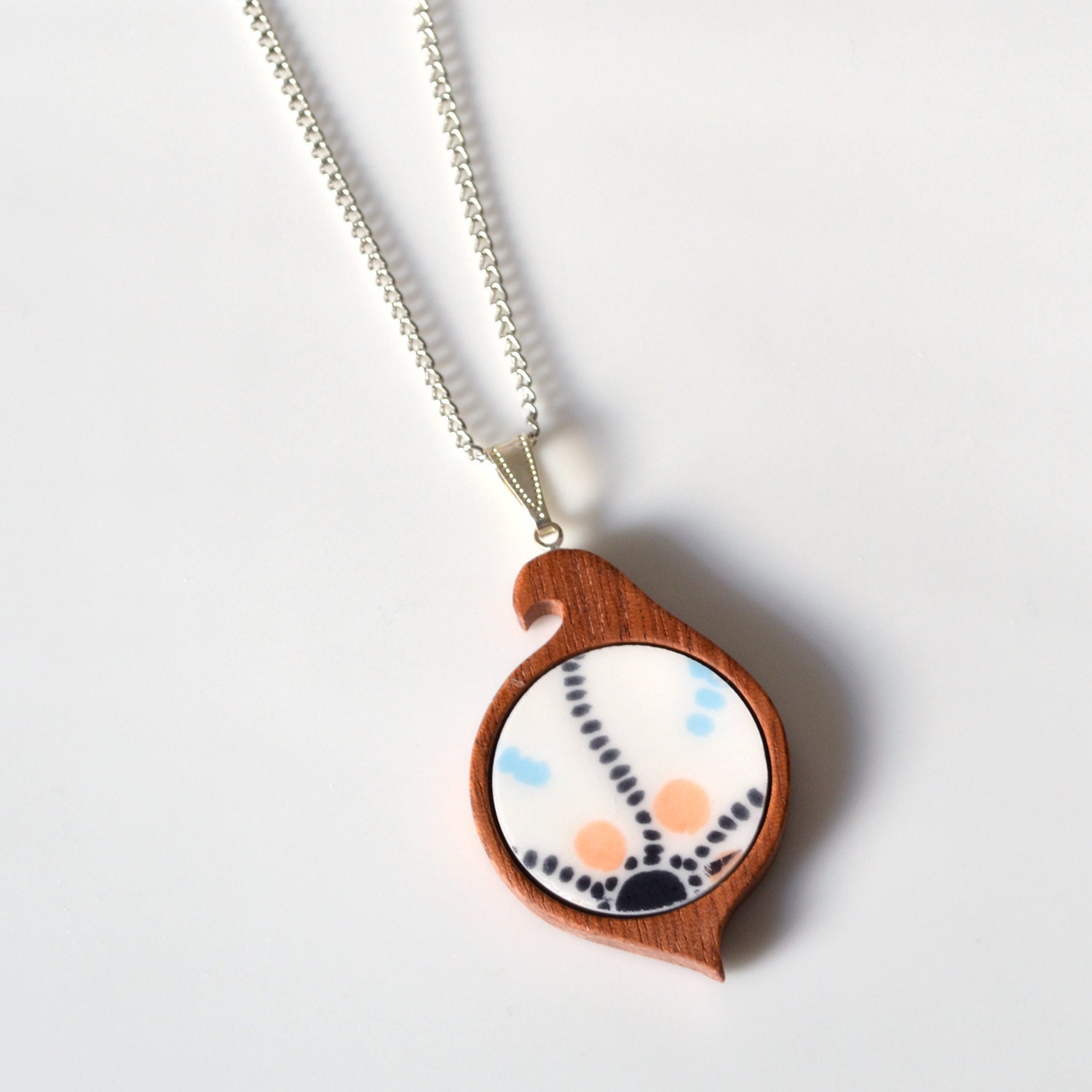 Simple Circle Mahogany Bird Recycled China Necklace - Coral Blue and Black Modern