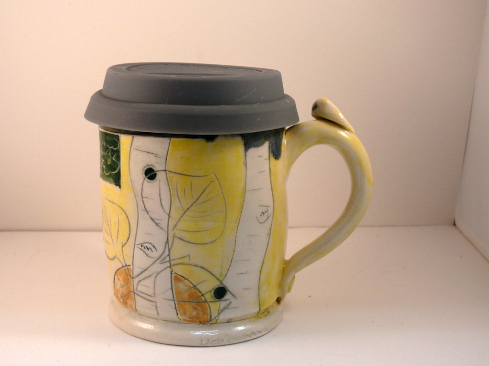 Travel Mug / Ceramic Coffee Mug with Lid / Coffee cup in yellow and dark blue / valentine or birthday gift