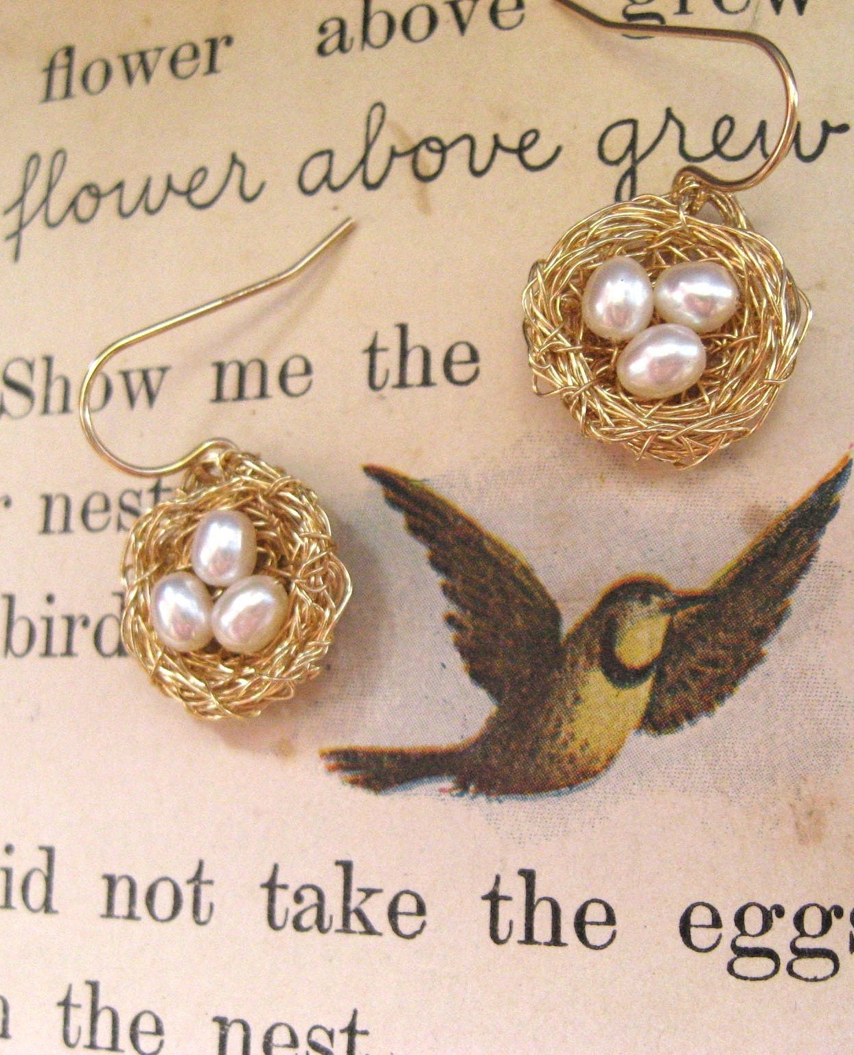 little bird nest earrings...14k goldfill, 3 pearls
