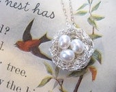 bird's nest necklace...bright silver, 3 pearl eggs