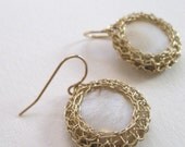 netted mother of pearl earrings, gold wire crochet.