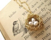 bird's nest necklace...14k goldfill, 3 pearl eggs