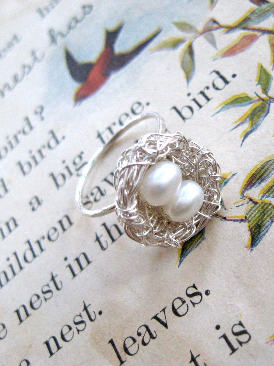 Bird's nest ring, sterling silver with freshwater pearl eggs. Adjustable band, choose 1-5 eggs in the nest.
