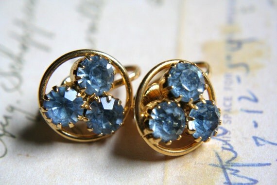 Vintage Light Blue Rhinestone Earrings Clip On