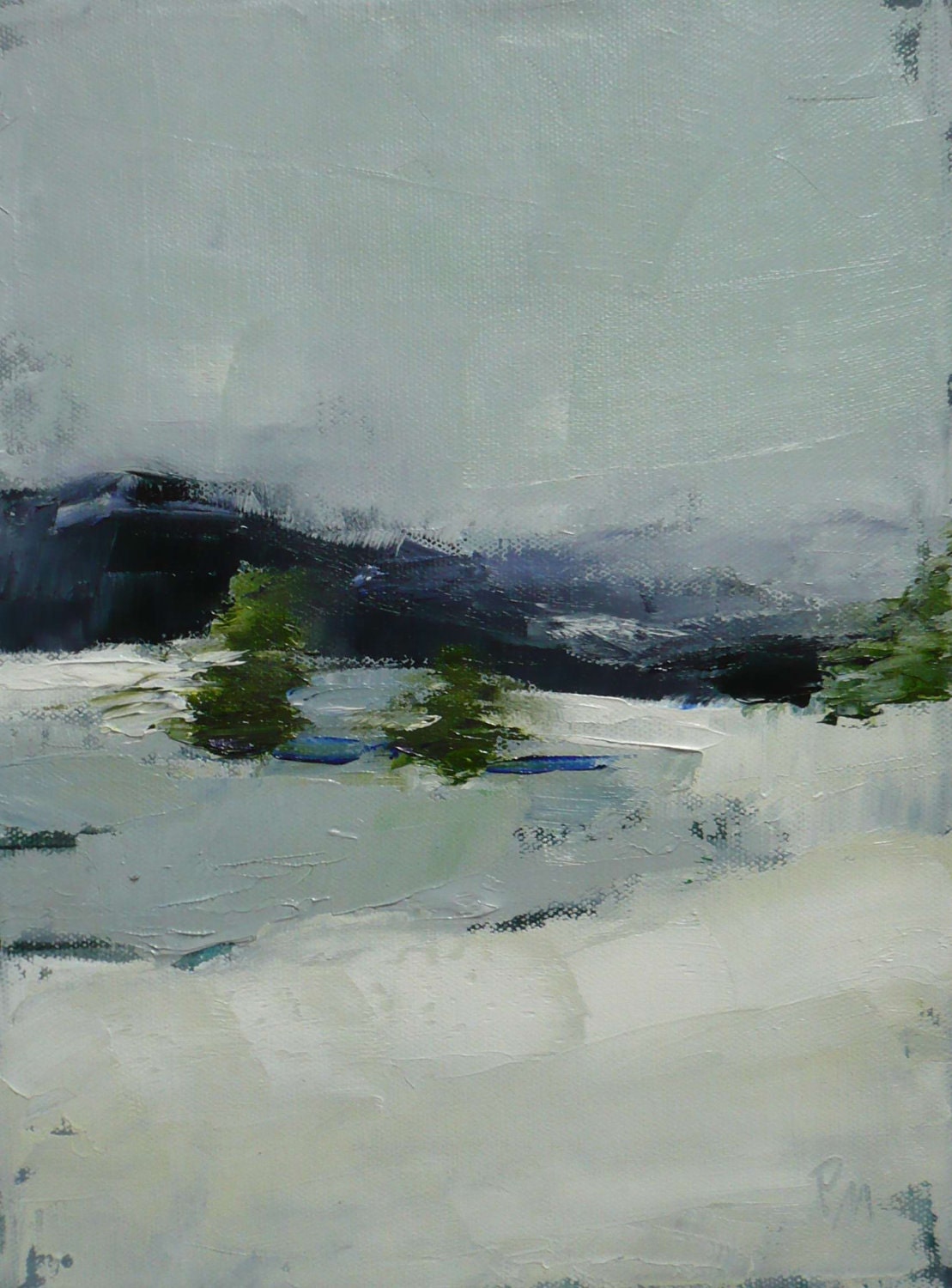 original oil landscape painting, Evergreen winter