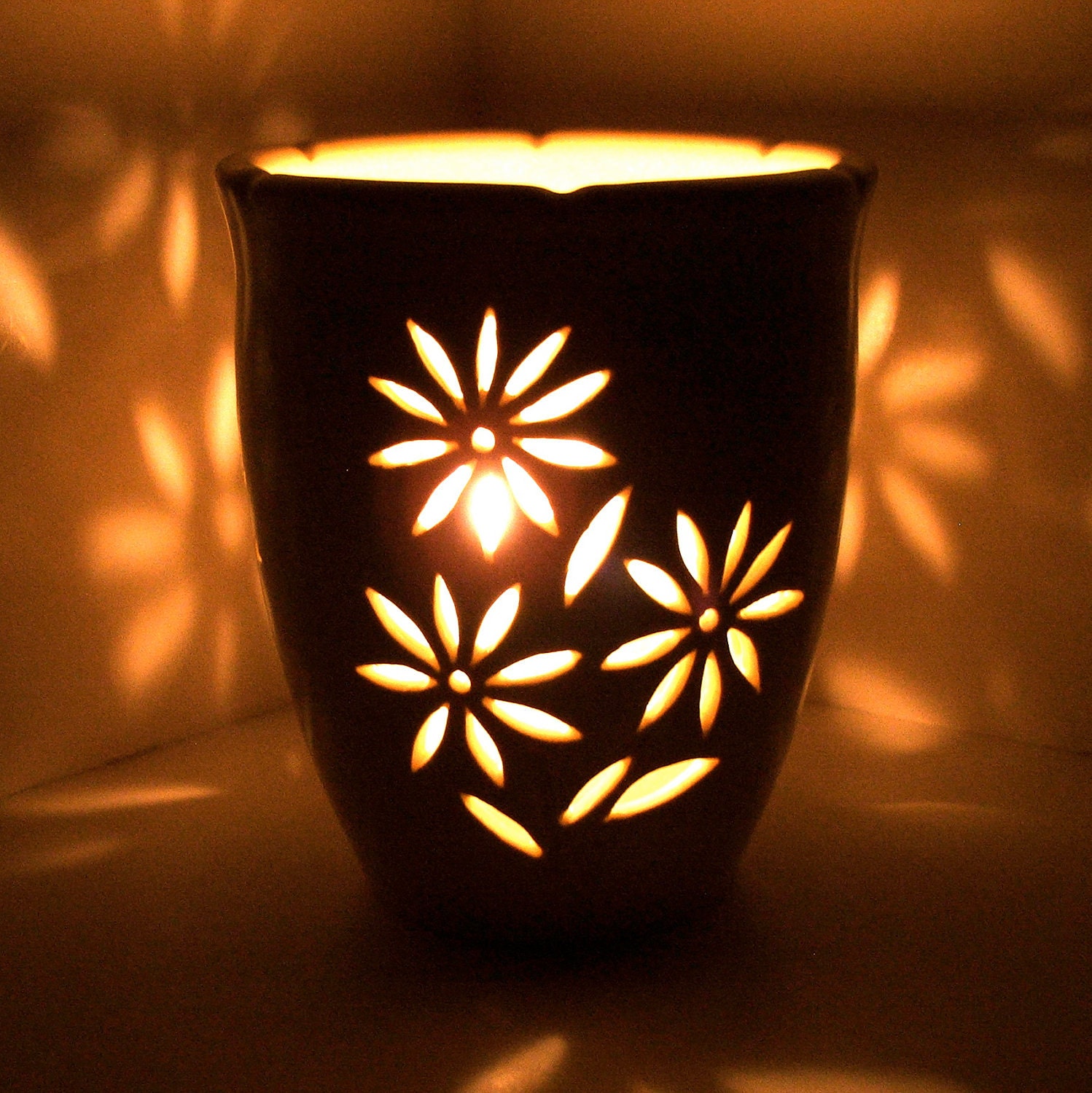 Wheel Thrown, Hand Carved Ceramic  Candle Holder