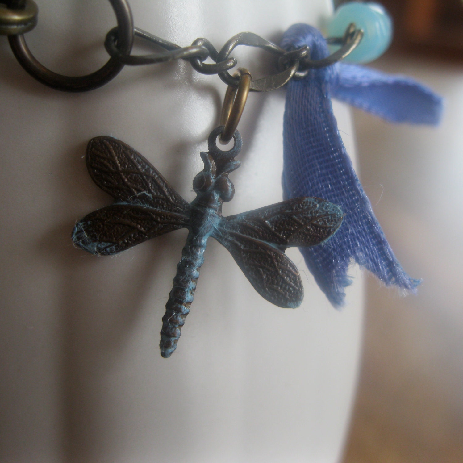 blue dragonfly mixed media bracelet - blue, cobalt, aqua OOAK