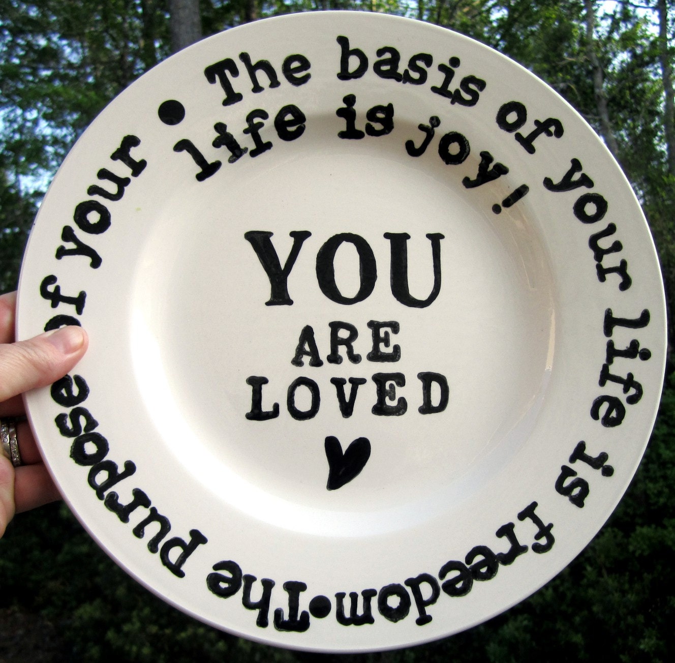 10 inch round plate black and white ceramic you are loved saying