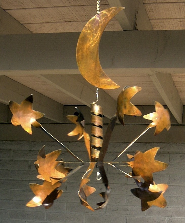 Wind Sculpture Kinetic Hanging Rusted Metal,  Stars Moon Celestial Arm
