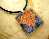 Flower Pedant, Vintage Italian paper Glass Necklace, Charm, Art Jewelry, Orange Floral, Wearable Art Pendant - Charm, Amulet