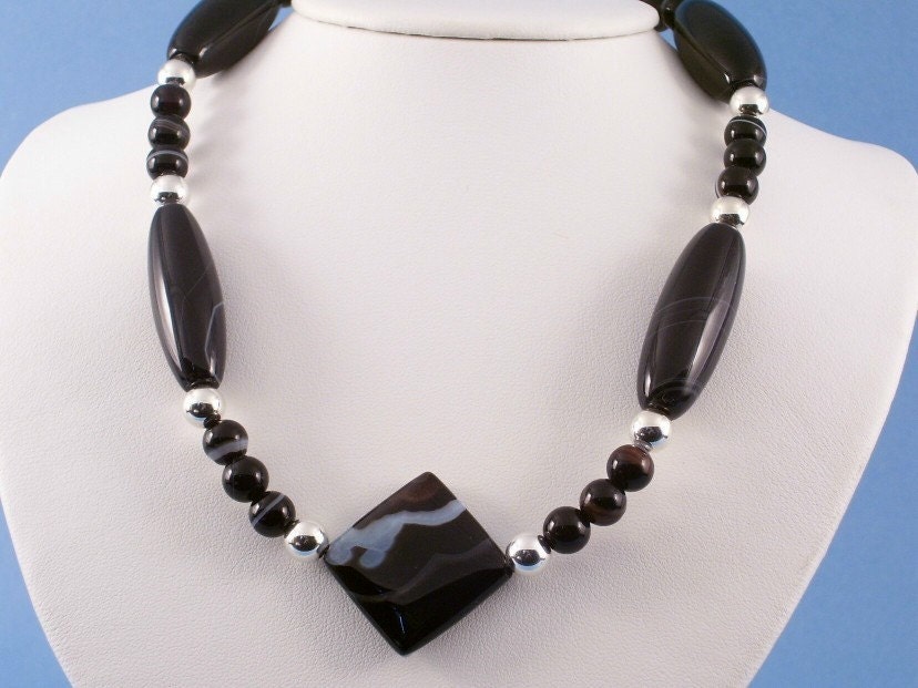 Black White Necklace Sterling Silver Chunky
