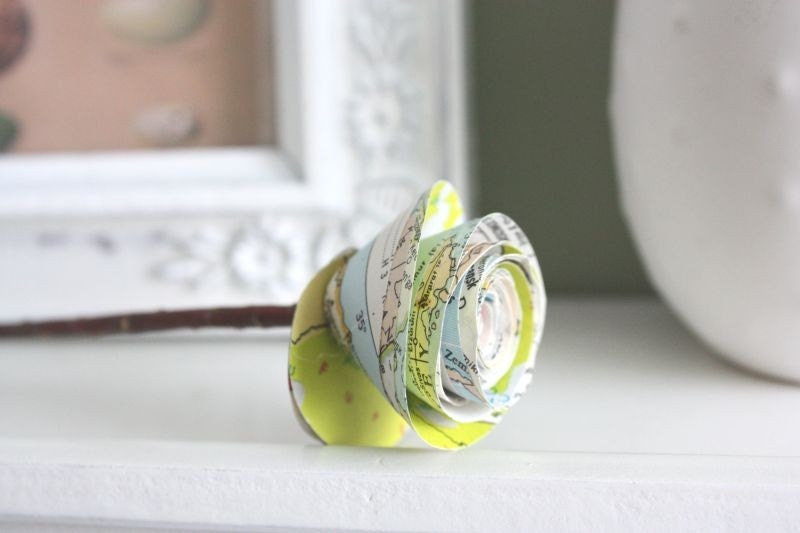 rolled paper roses. repurposed atlas.  small. set of 5