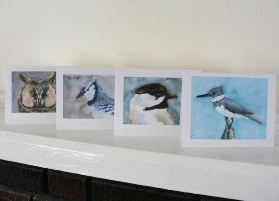 Bird Art Blank Cards Blue Gray Grey Birds Owl Kingfisher Chickadee Blue Jay Cards Set of 4