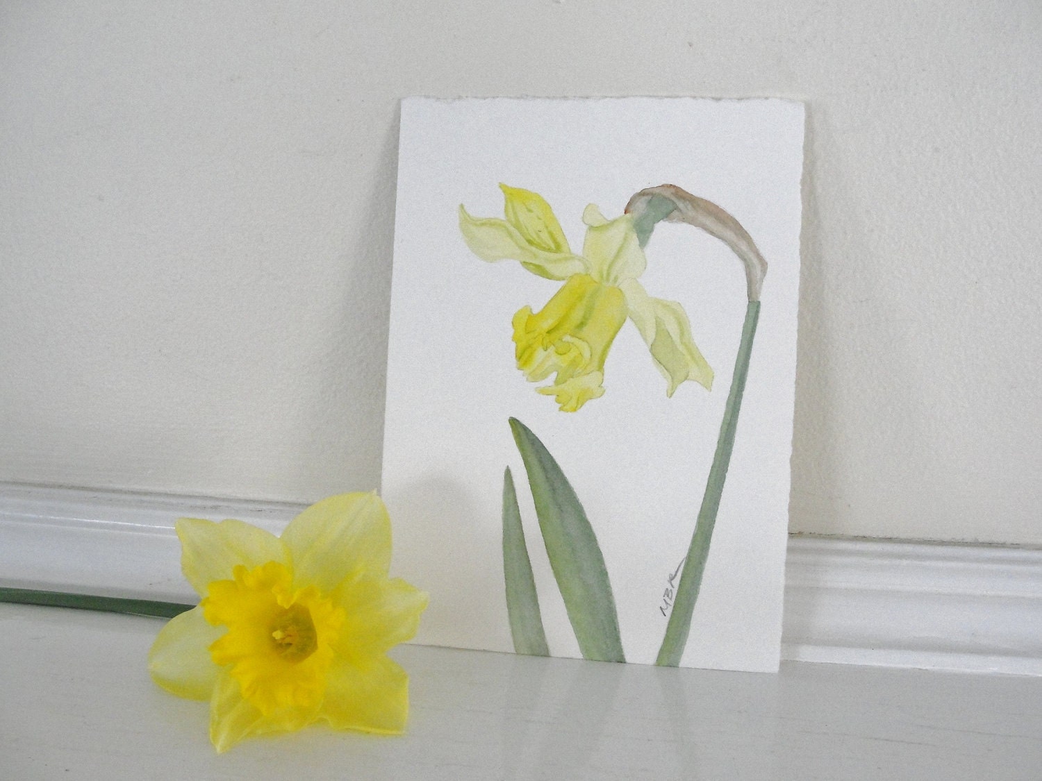 Botanical Watercolor Painting, Flower Art, Yellow Daffodil Flowers, Yellow and Green Garden Art, Home Decor