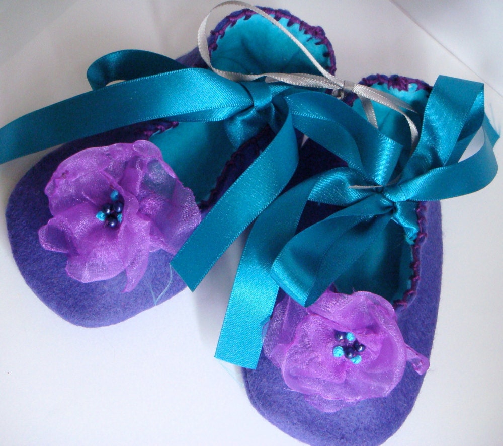 Purple and Turquoise Felt and Organza Flower Baby Shoes/Booties