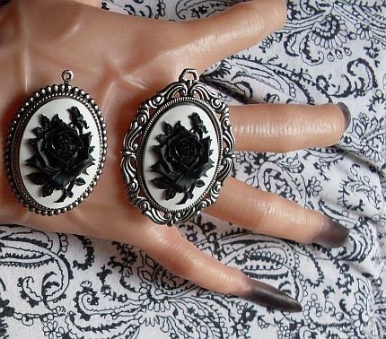 Gothic Black Rose on White Cameo Pendant Gorgeous