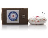 Blue Flower Sewing Set, Quilters Sewing Set, Pin Cushion and Needle Book, Chocolate Brown Wool, Felt Pages, 2 Piece Set