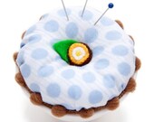Polka Dot Pincushion Blue Brown Pom Pom Flower
