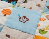 Handmade Place Mat, Small Zakka Potholder and Trivet, Tea Time, Japanese Fabric with Hand Embroidery, Blue Orange Brown
