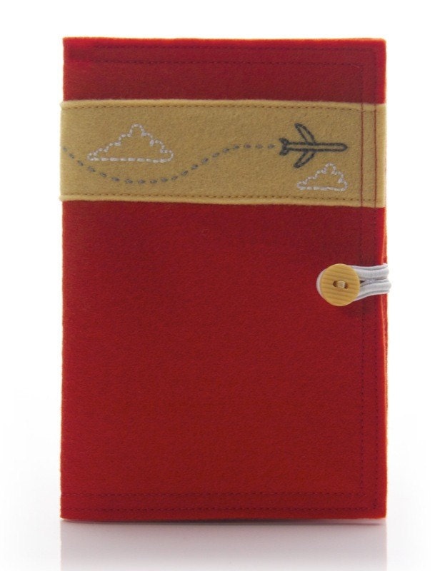 Jet Airplane Passport Cover Embroidered Red Felt