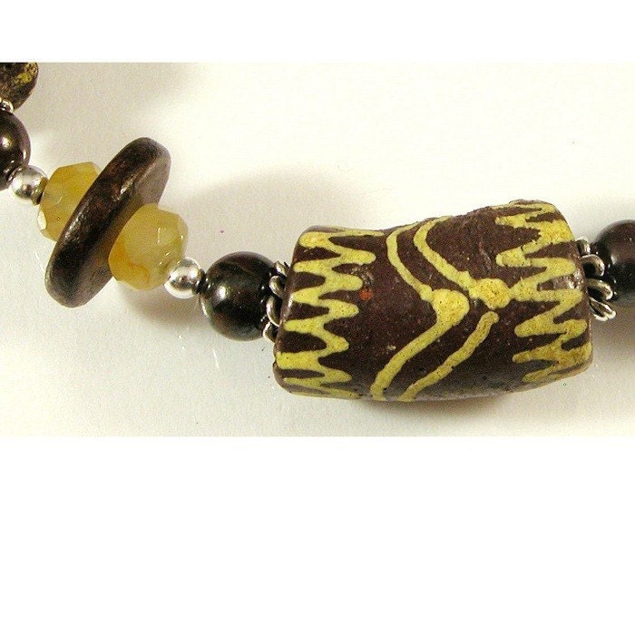 Brown Glass Tube Beads, Opals, Sterling Silver Bracelet - Going Tribal