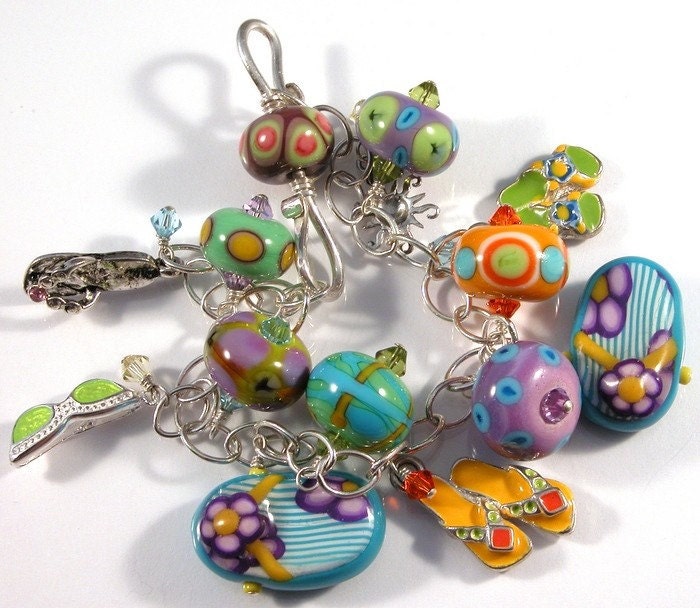 Multi-color, lampwork, flip flops, sterling silver bracelet - California Girl