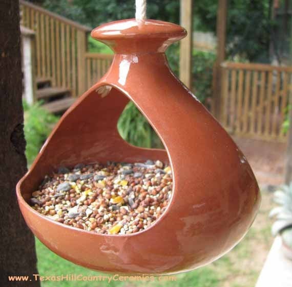 Hanging Bird Seed Bird Feeder Glazed Terracotta by TexasCeramics