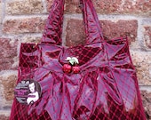 Handmade CHERRY BAG... in black fetish patent pvc and red lace w pretty Fruit Cherry Brooch Pin w Red Swarovski Crystals