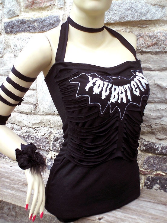 YOU BAT GIRL, by You bad Girl --- custom made to your size -- spooky artistic handmade fashion halter top - cut ripped slashed sexy survivor