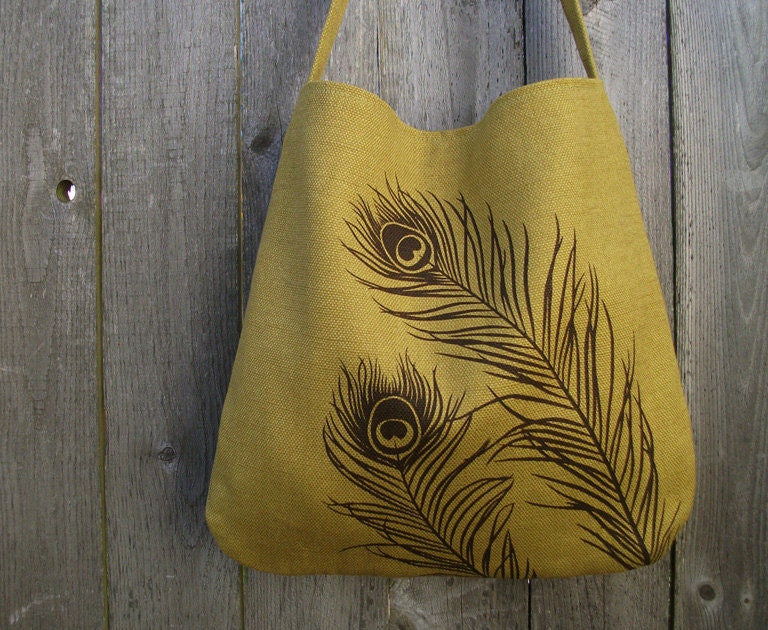 Hemp Handbag / Tote Bag / Hobo with Peacock Feathers - Deep Golden Mustard - SALE 15% OFF