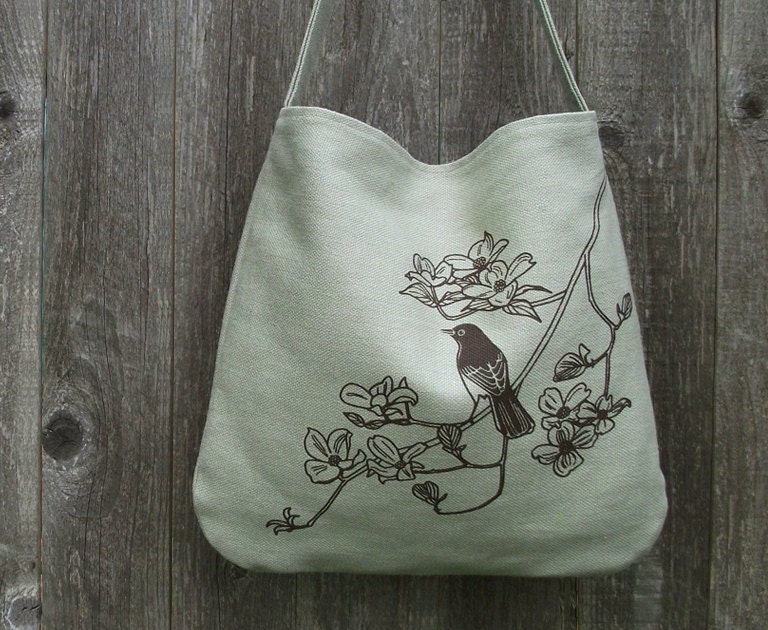 SALE 30% OFF - Hemp Bag with Songbird on Dogwood Organic Cotton Lining - Light Green, Bamboo, Sage