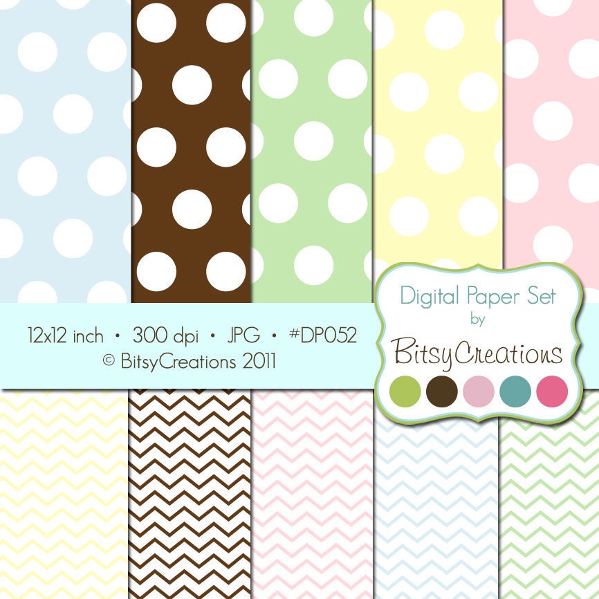 Pastel Dots and Chevron Digital Paper Set INSTANT DOWNLOAD