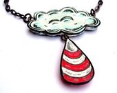20% OFF SALE - Red and White Raincloud Necklace with Raindrop Necklace - Candy Cane Rain
