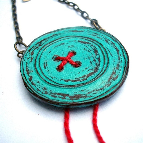 Turquoise Button Necklace with Red Thread - Button Button Who's Got the Button