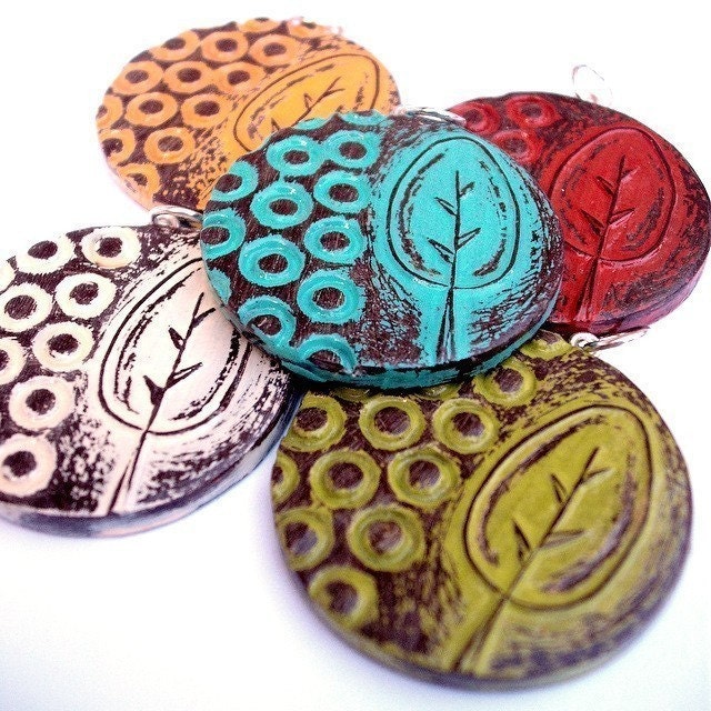 Olive Green, Red, Cream, Mustard Yellow or Turquoise Circle Tree Necklace - Solitude