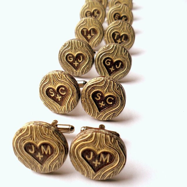 20% OFF SALE - Woodland Wedding Personalized Carved Initials Faux Bois Wood Grain Cufflinks - Wood You Love Me