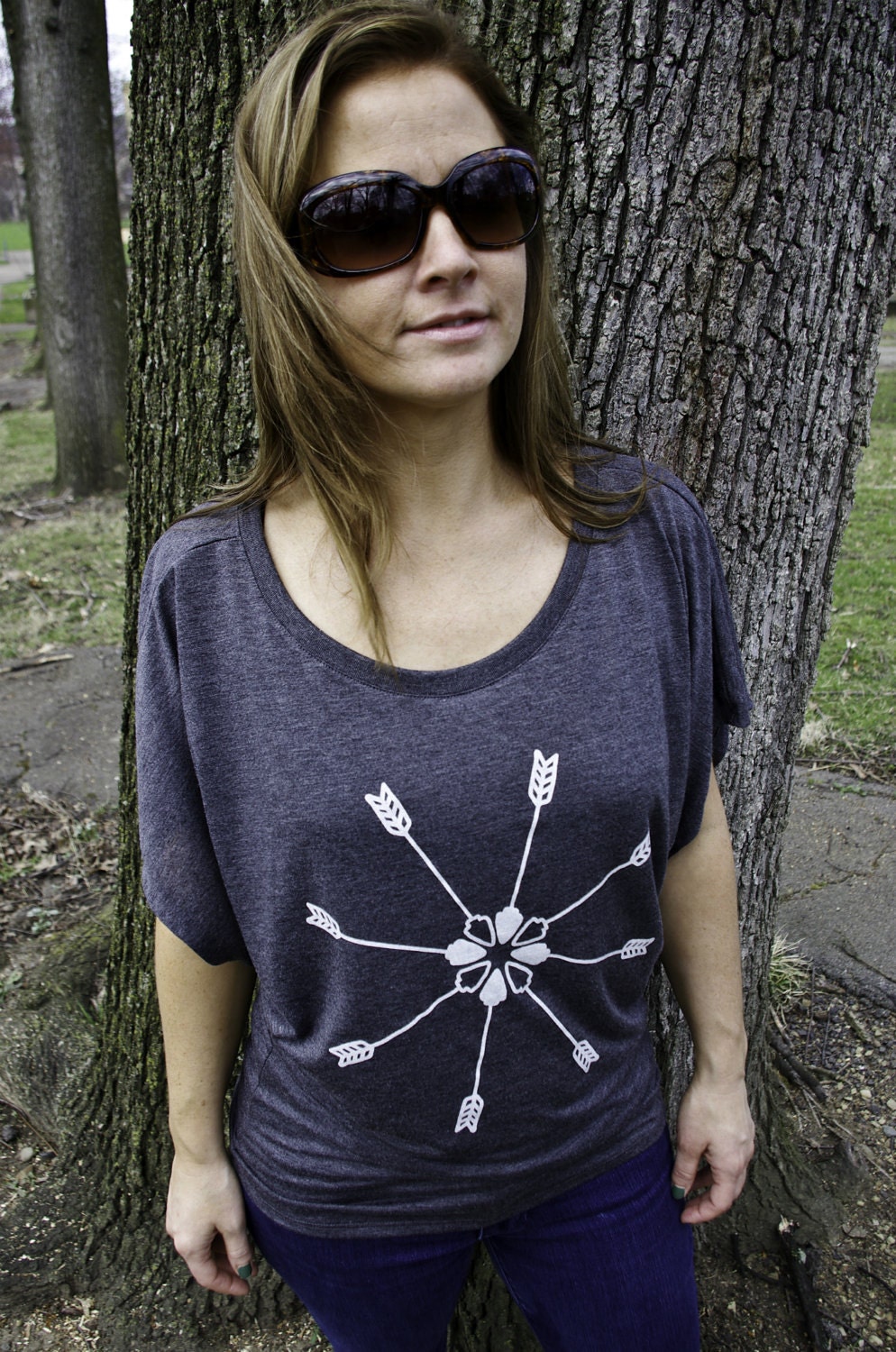 Arrow Crest Screenprint Shirt, Dolman Drape Sleeves, Charcoal Gray Women's Screen-printed ArrowsTop