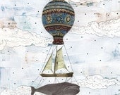 Whale Art Print , Balloon Art Reproduction , Whimsical Beach House Style , 5x7