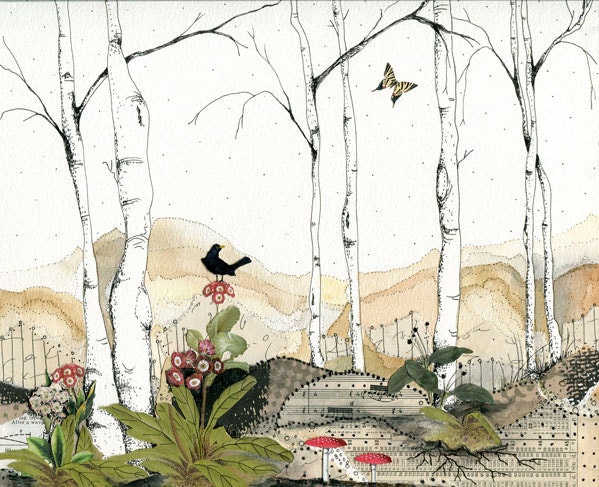 Bird Art Print , Watercolor Painting , Mixed Media Collage Art Reproduction Print  ,8x10