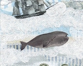 Whale Painting , Nautical Art Print , Collage Mixed Media , Whimsical Painting Reproduction , 8x10