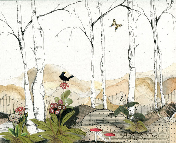 Bird Art Print , Watercolor Painting , Mixed Media Collage Art Reproduction Print ,8x10