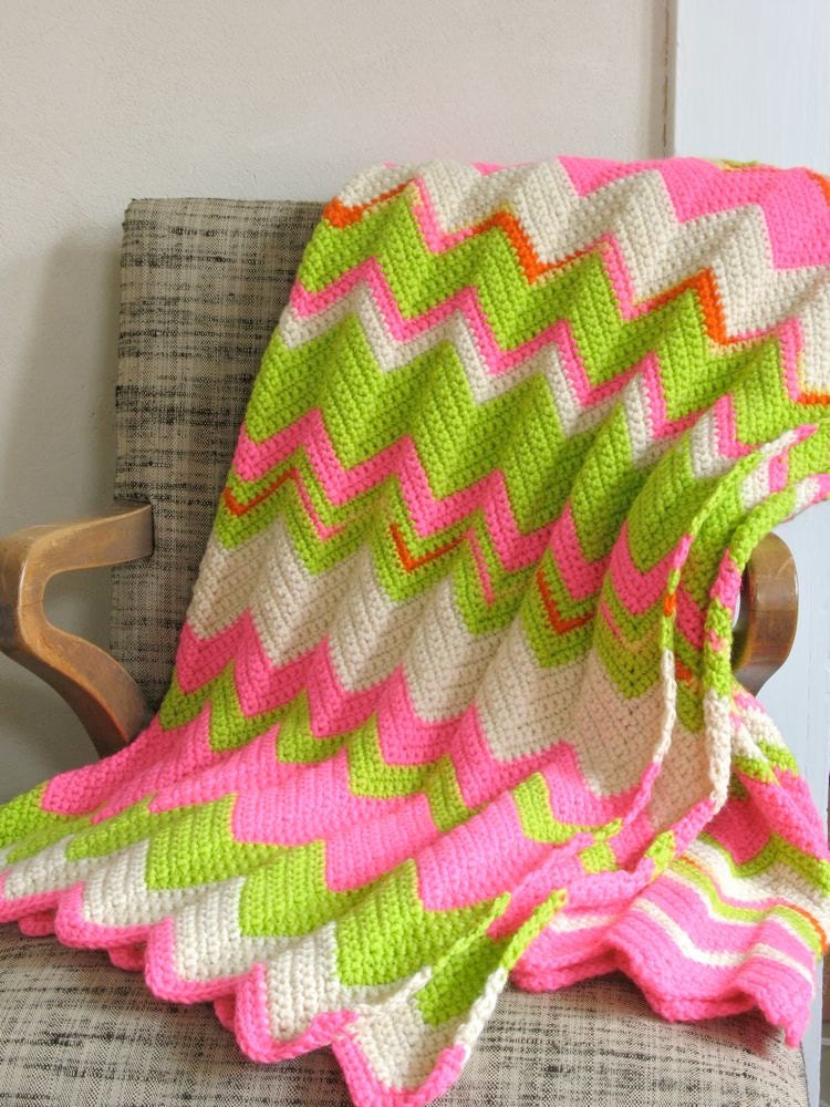 Psychedelic Zigzag Afghan Wool Neon Pink Lime Green White Ripple Blanket