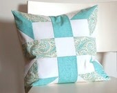 SALE Aqua Patchwork Quilt Block Pillow Cover 16-inch