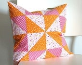 SALE Pink & Orange Patchwork Quilt Block Pillow Cover 16-inch