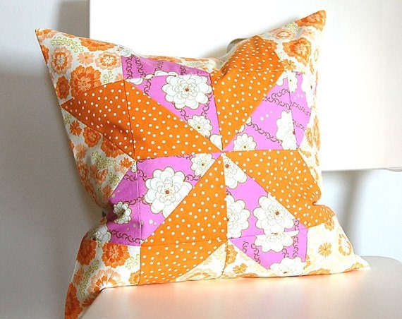 SALE Pink & Orange Patchwork Quilt Block Pillow Cover 16-inch
