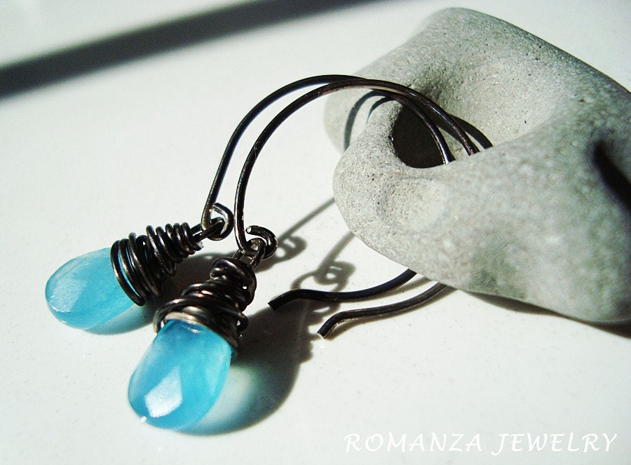 Sterling Silver  Oxidized Sky Blue Chalcedony Earrings