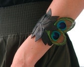 Layered Leather and Peacock Feather Bracelet - genuine lambskin and natural feather, textured statement  cuff