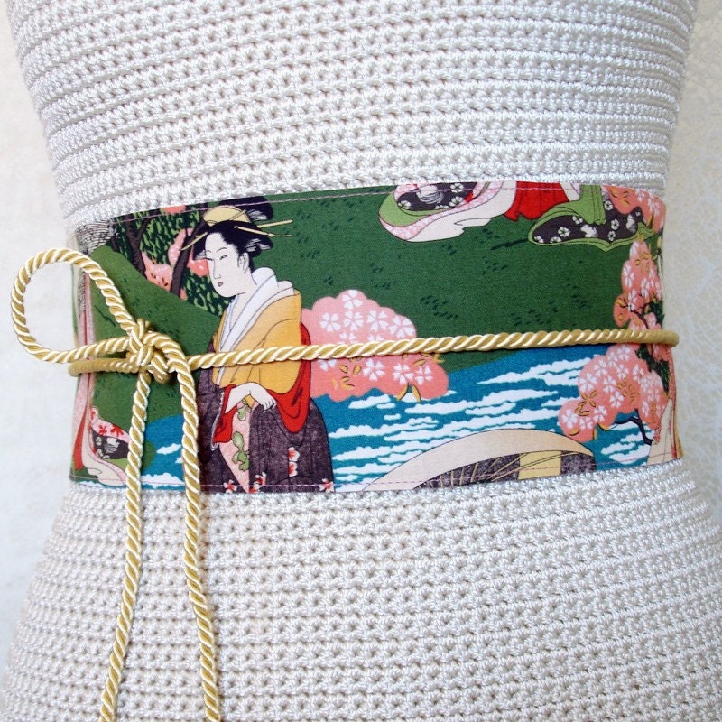 REVERSIBLE Genuine Leather and Fabric Obi Wrap Belt - Geisha Girl 1 print - cinch belt size XS S M L custom color
