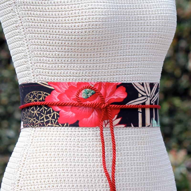REVERSIBLE Leather Belt Obi Sash- Bamboo Blooms - adjustable wrap style cinch belt, Asian inspired print fabric & custom leather color