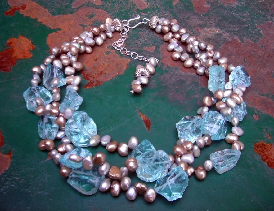 PETITE CHAMPAGNE ON ICE Aquamarine Chunks with Pearls and Sterling Silver